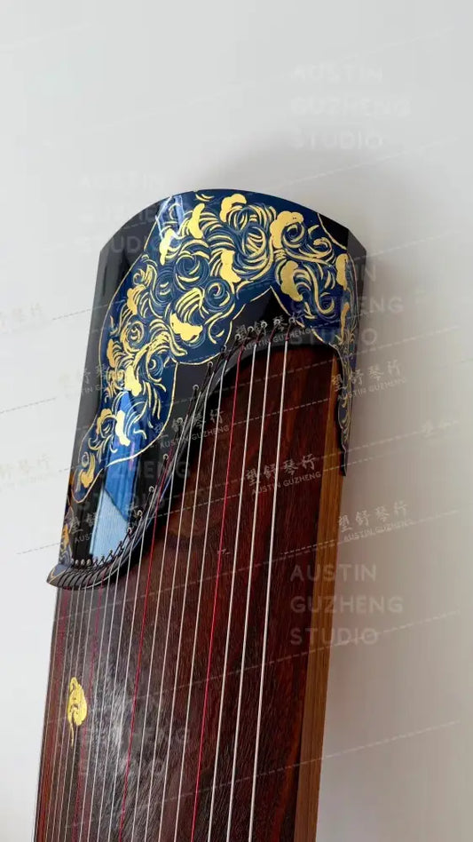 Haitang Guzheng 海棠古筝 single piece carved Hand Painted with mineral paint and gold foil 整挖岩彩金箔手绘-碧海潮生 Rising Tides East