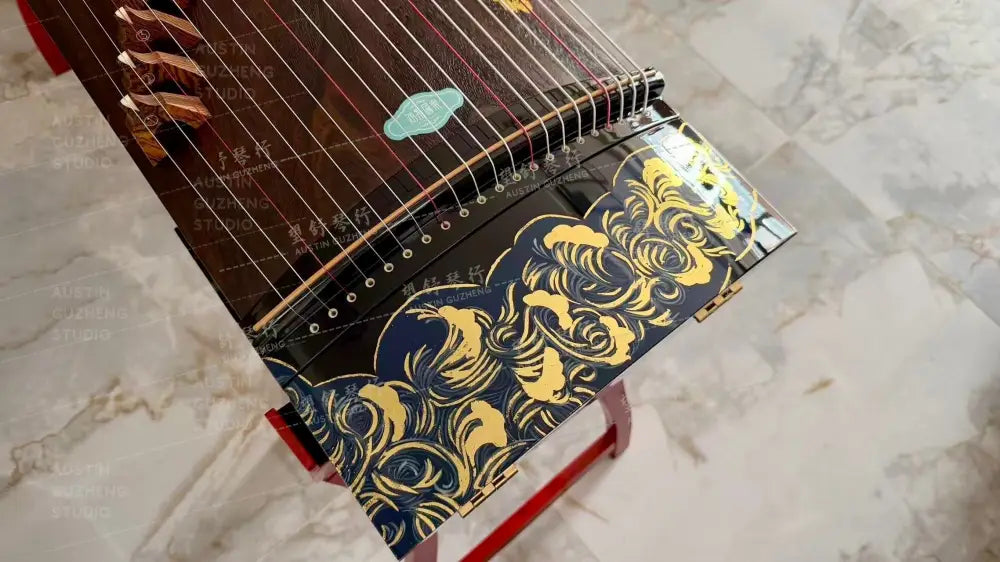 Haitang Guzheng 海棠古筝 single piece carved Hand Painted with mineral paint and gold foil 整挖岩彩金箔手绘-碧海潮生 Rising Tides East