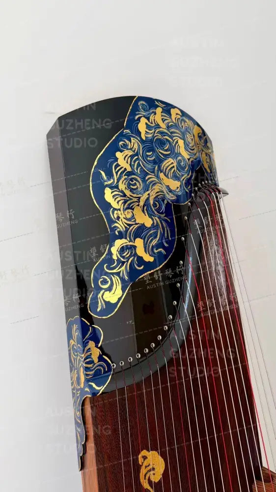 Haitang Guzheng 海棠古筝 single piece carved Hand Painted with mineral paint and gold foil 整挖岩彩金箔手绘-碧海潮生 Rising Tides East