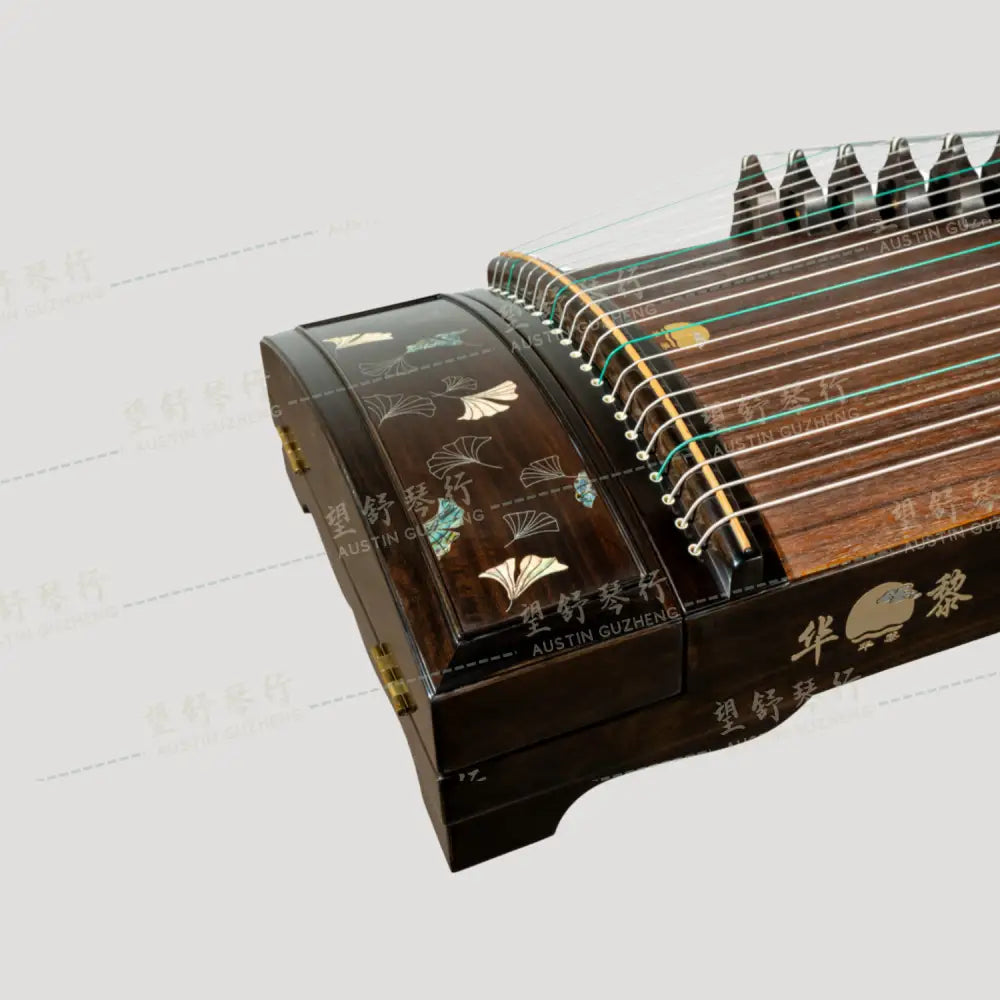 Huali Guzheng 华黎古筝 Ebony Wood 黑檀 with Silver Thread and Shell Inlay Ginkgo Leaves 银丝彩贝枝落银杏 Ebony 黑檀