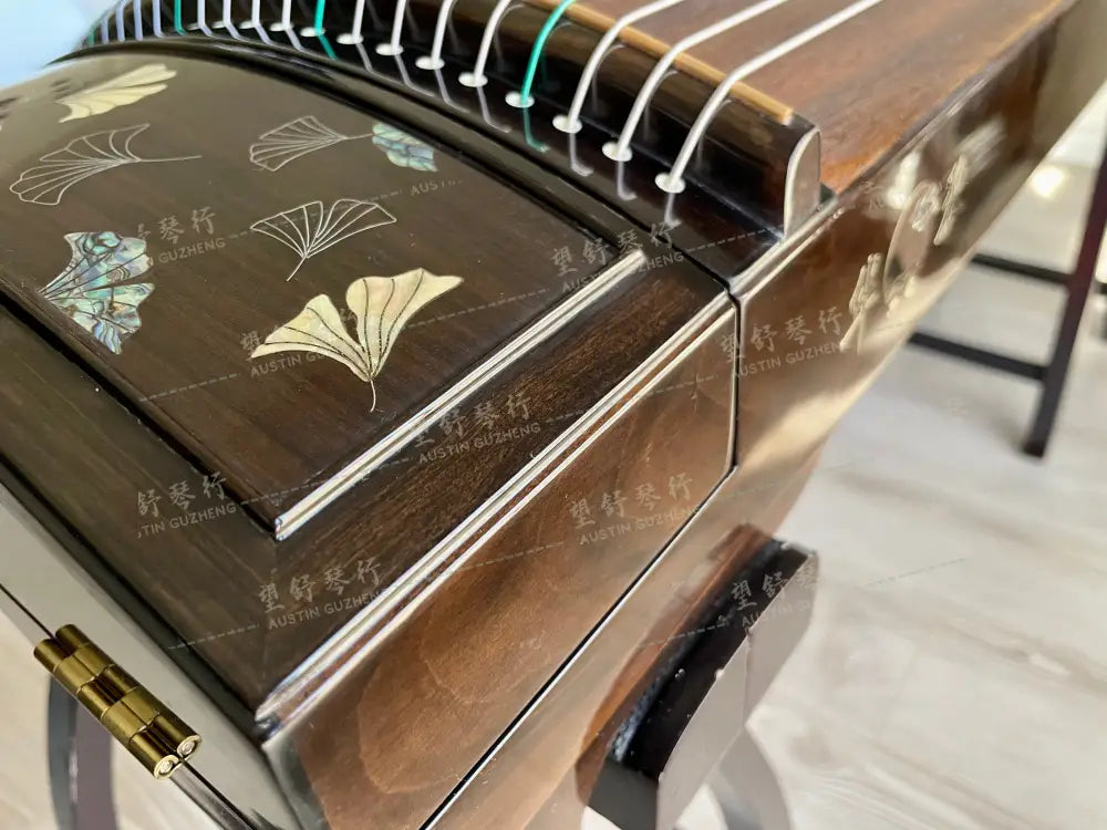 Huali Guzheng 华黎古筝 Ebony Wood 黑檀 with Silver Thread and Shell Inlay Ginkgo Leaves 银丝彩贝枝落银杏 Ebony 黑檀