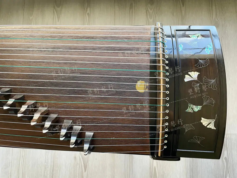 Huali Guzheng 华黎古筝 Ebony Wood 黑檀 with Silver Thread and Shell Inlay Ginkgo Leaves 银丝彩贝枝落银杏 Ebony 黑檀