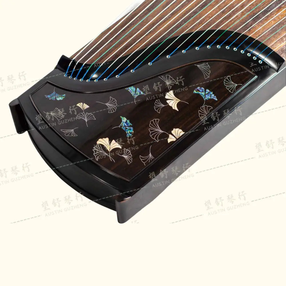 Huali Guzheng 华黎古筝 Ebony Wood 黑檀 with Silver Thread and Shell Inlay Ginkgo Leaves 银丝彩贝枝落银杏 Ebony 黑檀