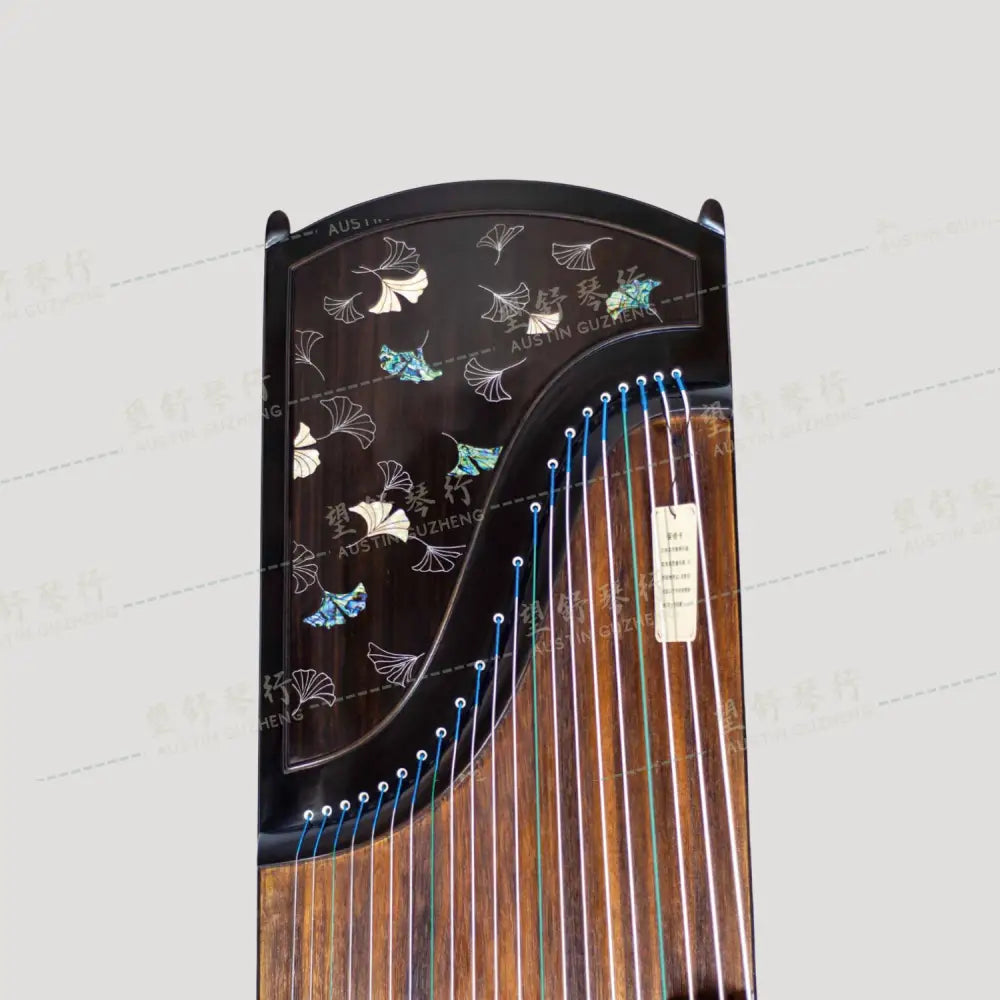 Huali Guzheng 华黎古筝 Ebony Wood 黑檀 with Silver Thread and Shell Inlay Ginkgo Leaves 银丝彩贝枝落银杏 Ebony 黑檀