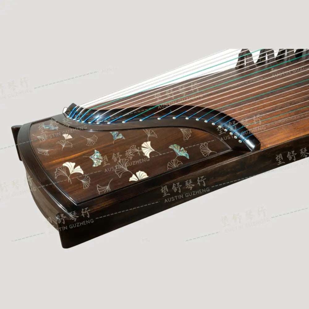 Huali Guzheng 华黎古筝 Ebony Wood 黑檀 with Silver Thread and Shell Inlay Ginkgo Leaves 银丝彩贝枝落银杏 Ebony 黑檀