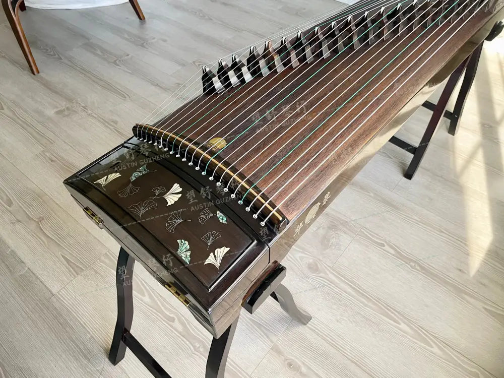 Huali Guzheng 华黎古筝 Ebony Wood 黑檀 with Silver Thread and Shell Inlay Ginkgo Leaves 银丝彩贝枝落银杏 Ebony 黑檀