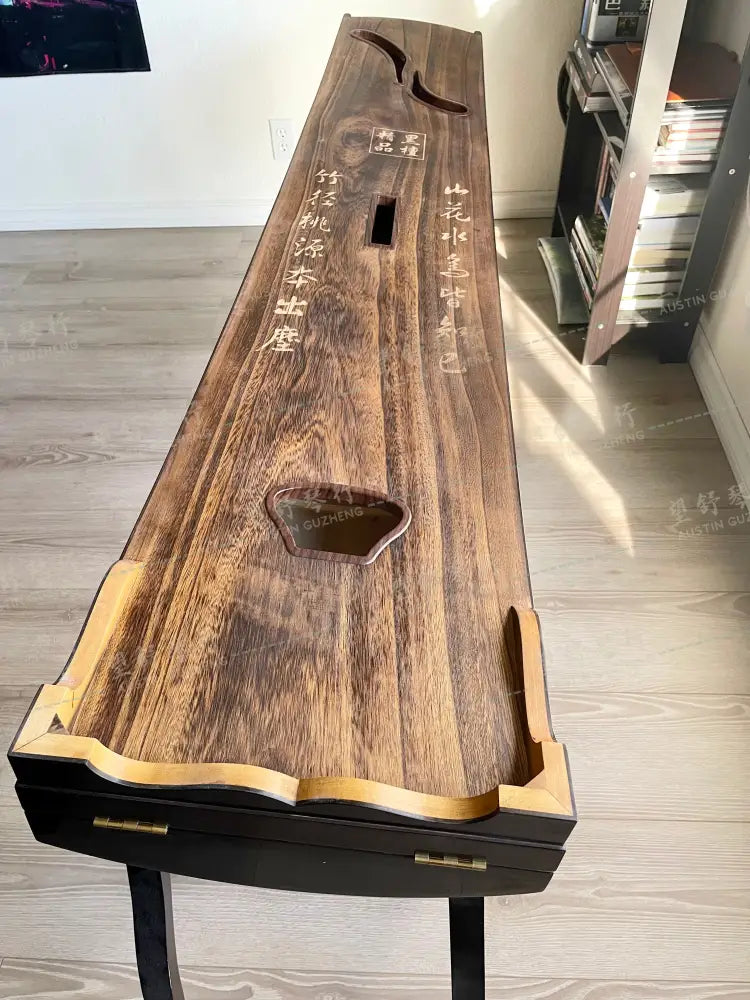 Huali Guzheng 华黎古筝 Ebony Wood 黑檀 with Silver Thread and Shell Inlay Ginkgo Leaves 银丝彩贝枝落银杏 Ebony 黑檀