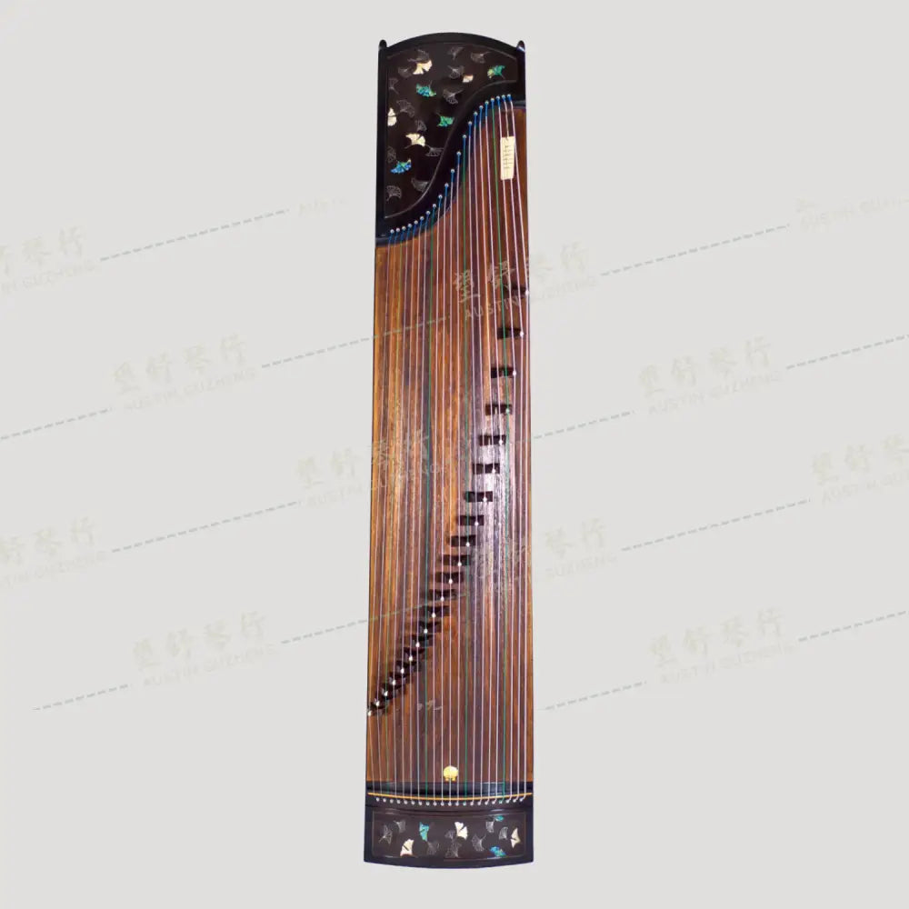 Huali Guzheng 华黎古筝 Ebony Wood 黑檀 with Silver Thread and Shell Inlay Ginkgo Leaves 银丝彩贝枝落银杏 Ebony 黑檀