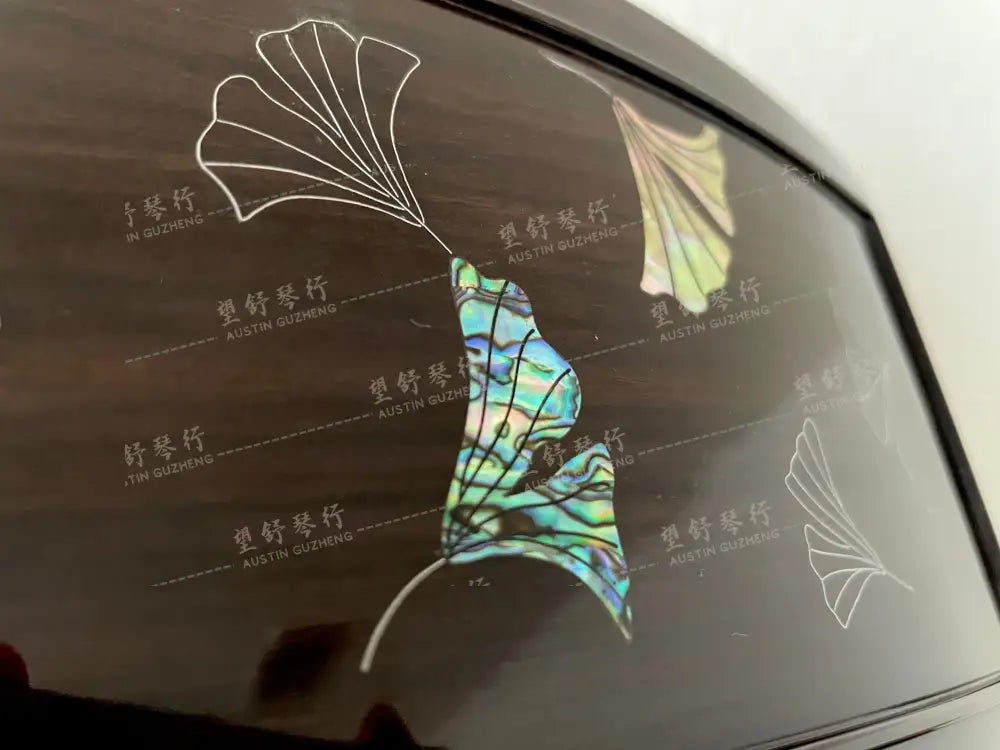 Huali Guzheng 华黎古筝 Ebony Wood 黑檀 with Silver Thread and Shell Inlay Ginkgo Leaves 银丝彩贝枝落银杏 Ebony 黑檀
