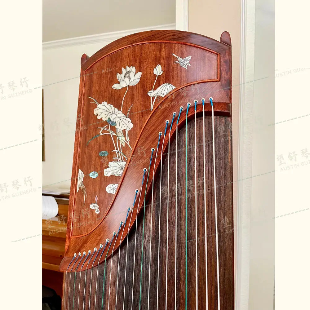 Huali Guzheng 上海华黎古筝 Bubinga 花梨木 with shell inlay lotus flower 贝雕荷塘月色 Bubinga 花梨木