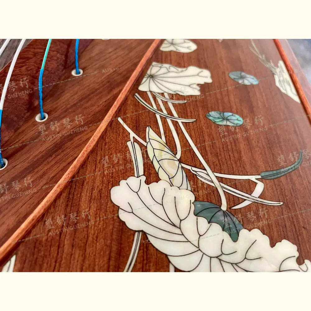 Huali Guzheng 上海华黎古筝 Bubinga 花梨木 with shell inlay lotus flower 贝雕荷塘月色 Bubinga 花梨木