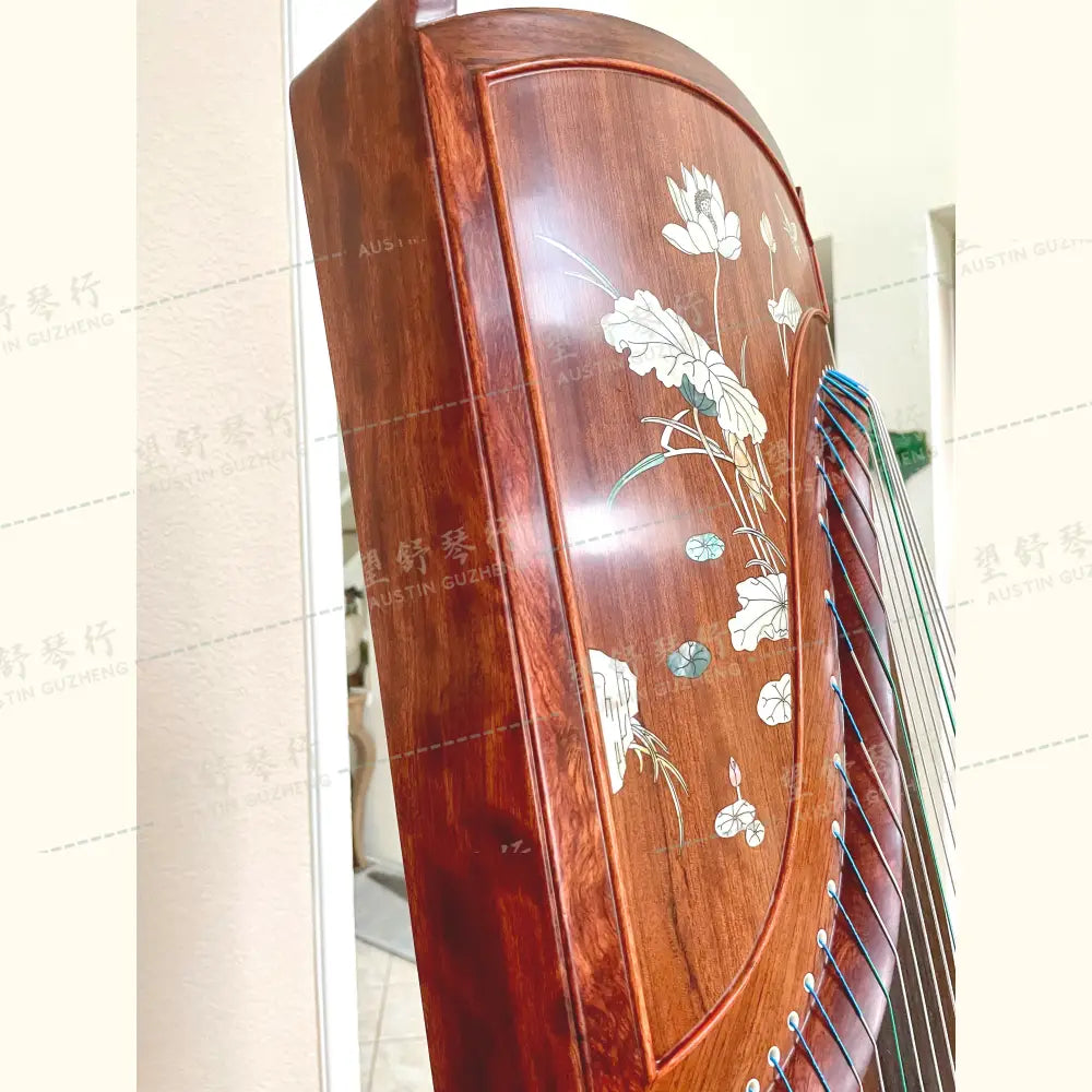Huali Guzheng 上海华黎古筝 Bubinga 花梨木 with shell inlay lotus flower 贝雕荷塘月色 Bubinga 花梨木