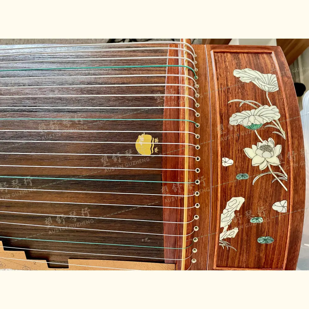 Huali Guzheng 上海华黎古筝 Bubinga 花梨木 with shell inlay lotus flower 贝雕荷塘月色 Bubinga 花梨木