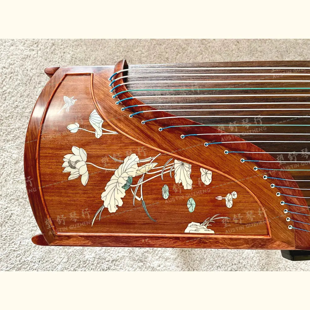 Huali Guzheng 上海华黎古筝 Bubinga 花梨木 with shell inlay lotus flower 贝雕荷塘月色 Bubinga 花梨木