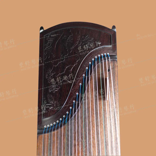 Huali Guzheng 上海华黎古筝 East Indian Rosewood 阔叶黄檀 with sculpted lotus flowers 木浮雕步步生莲 East Indian Rosewood 阔叶黄檀