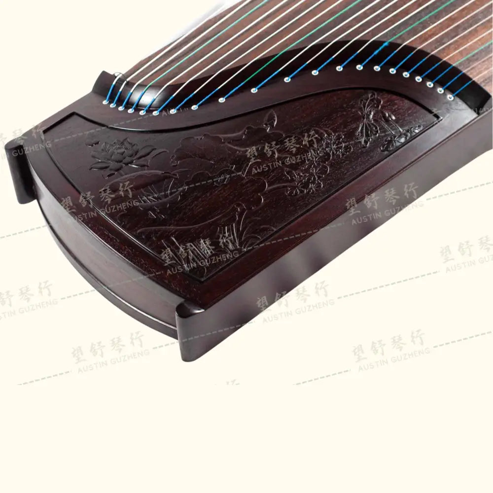 Huali Guzheng 上海华黎古筝 East Indian Rosewood 阔叶黄檀 with sculpted lotus flowers 木浮雕步步生莲 East Indian Rosewood 阔叶黄檀