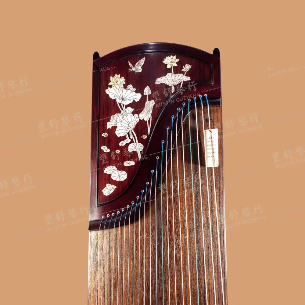 Huali Guzheng 上海华黎古筝 East Indian Rosewood 阔叶黄檀 with shell inlay lotus leaves and flowers 彩贝荷塘月色 East Indian Rosewood
