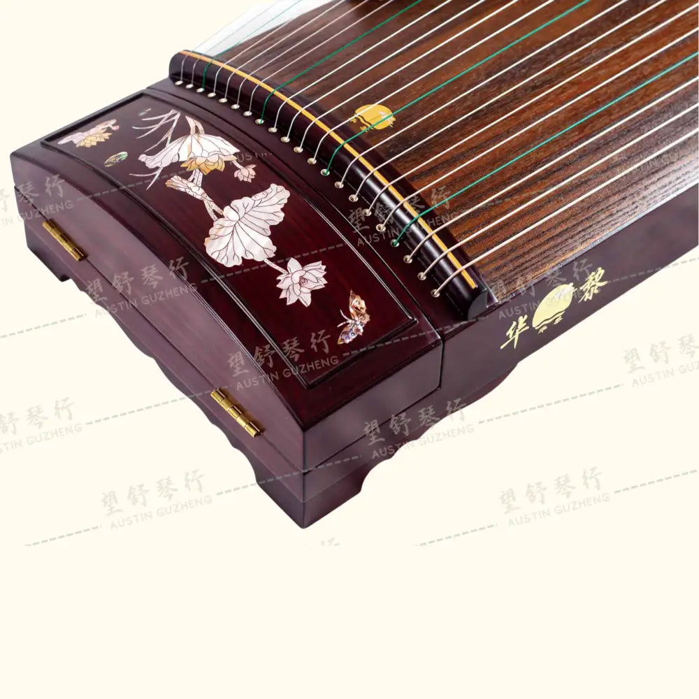 Huali Guzheng 上海华黎古筝 East Indian Rosewood 阔叶黄檀 with shell inlay lotus leaves and flowers 彩贝荷塘月色 East Indian Rosewood