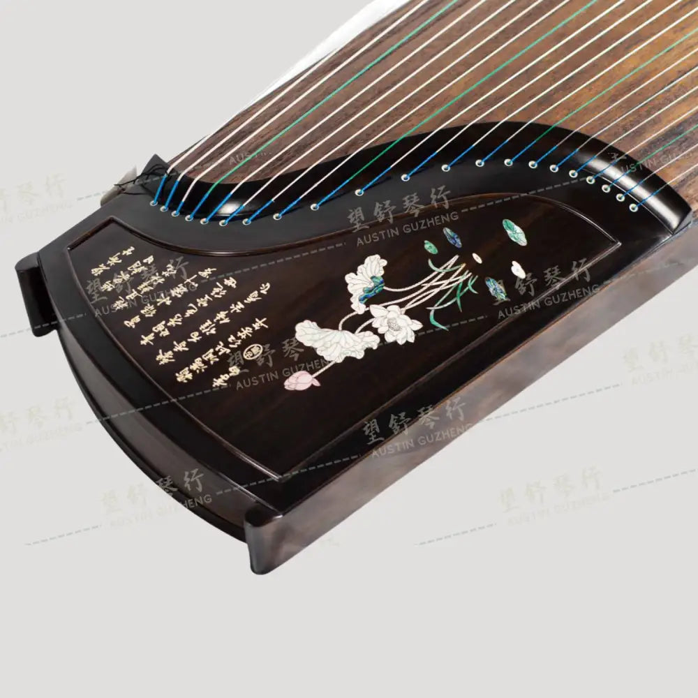 Huali Guzheng 上海华黎古筝 Ebony Wood 黑檀 with bone powder carving calligraphy and shell inlay 骨雕书法贝雕 Ebony 黑檀