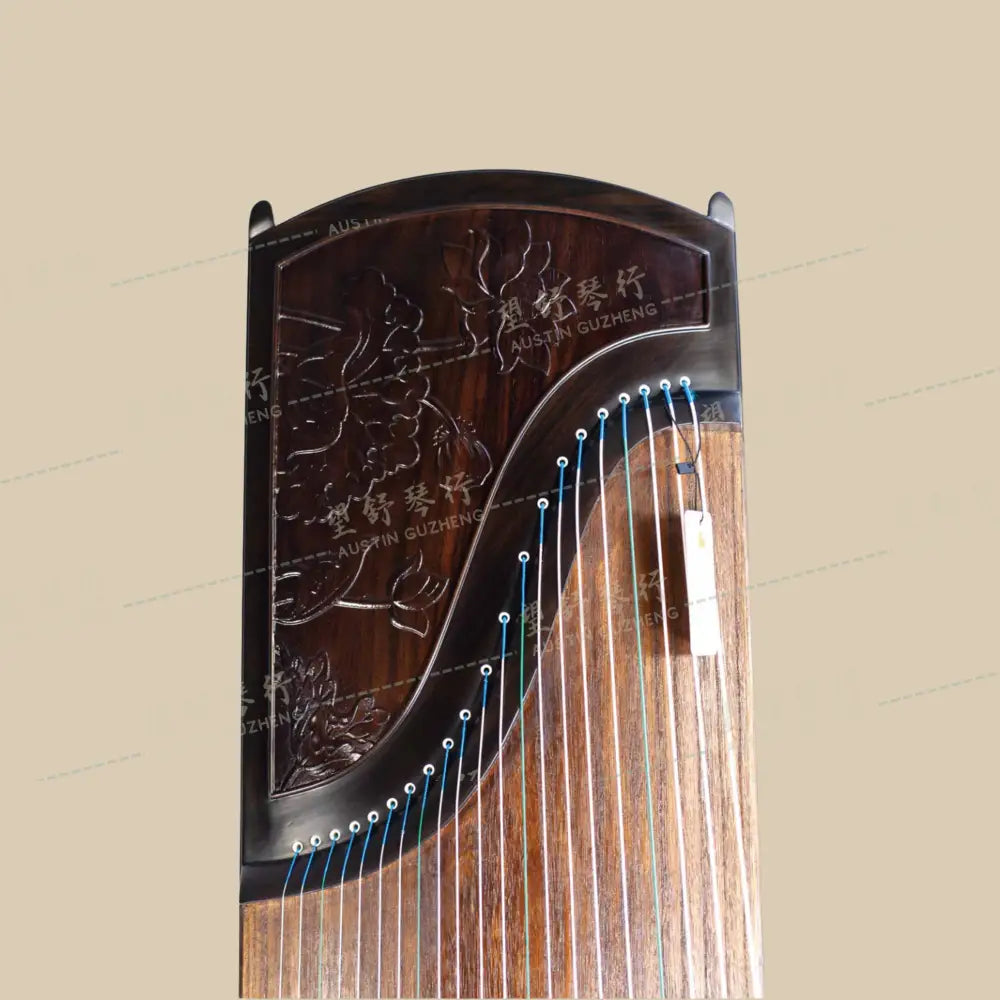 Huali Guzheng 上海华黎古筝 Ebony Wood 黑檀 with sculpted lotus flowers 木浮雕步步生莲 Ebony 黑檀