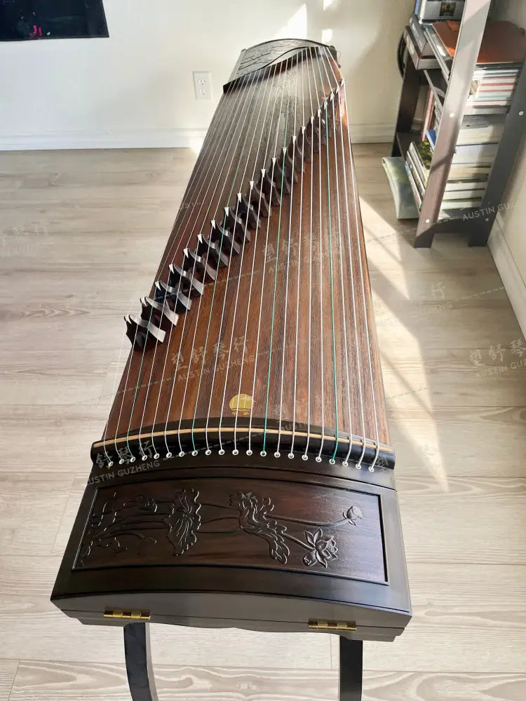 Huali Guzheng 上海华黎古筝 Ebony Wood 黑檀 with sculpted lotus flowers 木浮雕步步生莲 Ebony 黑檀