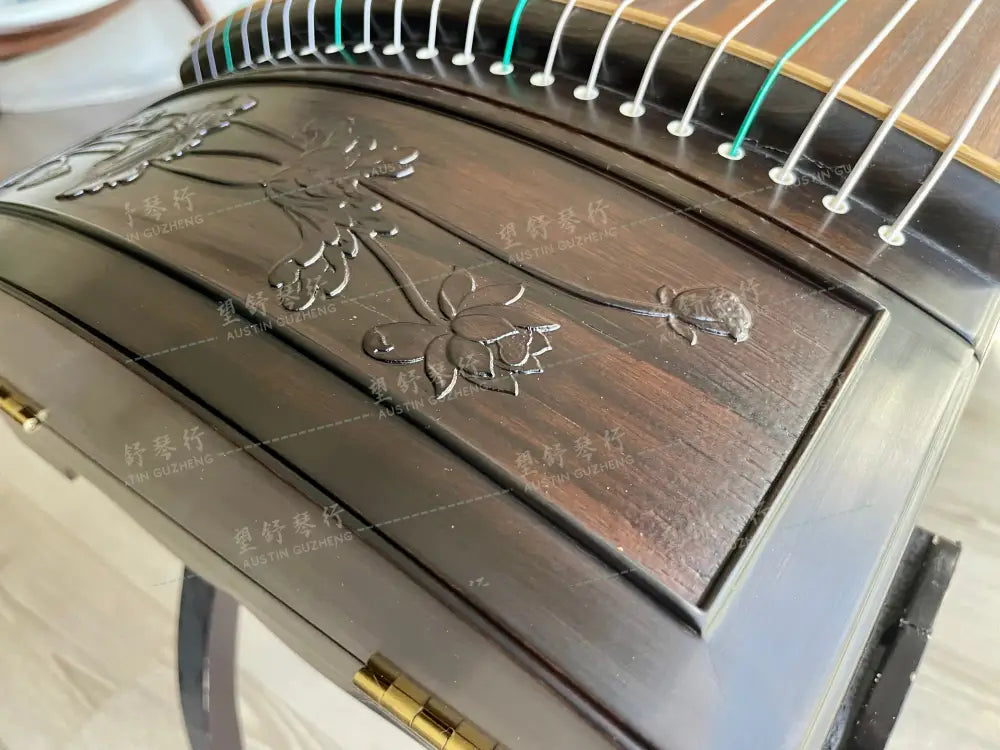 Huali Guzheng 上海华黎古筝 Ebony Wood 黑檀 with sculpted lotus flowers 木浮雕步步生莲 Ebony 黑檀