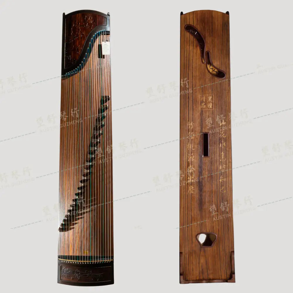 Huali Guzheng 上海华黎古筝 Ebony Wood 黑檀 with sculpted lotus flowers 木浮雕步步生莲 Ebony 黑檀