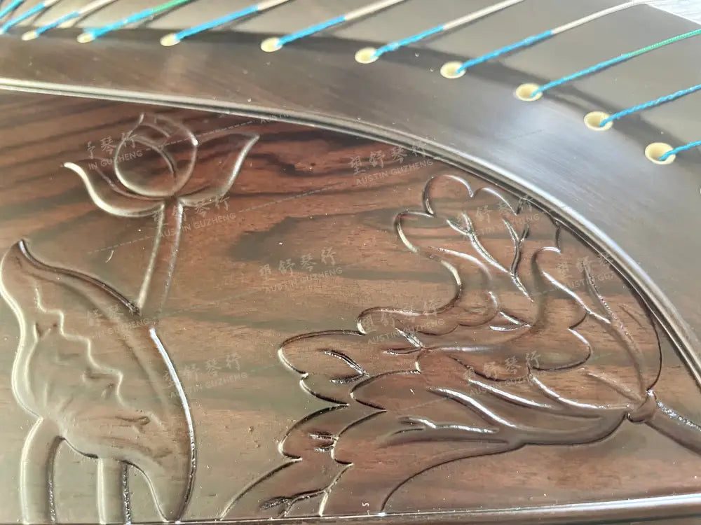 Huali Guzheng 上海华黎古筝 Ebony Wood 黑檀 with sculpted lotus flowers 木浮雕步步生莲 Ebony 黑檀