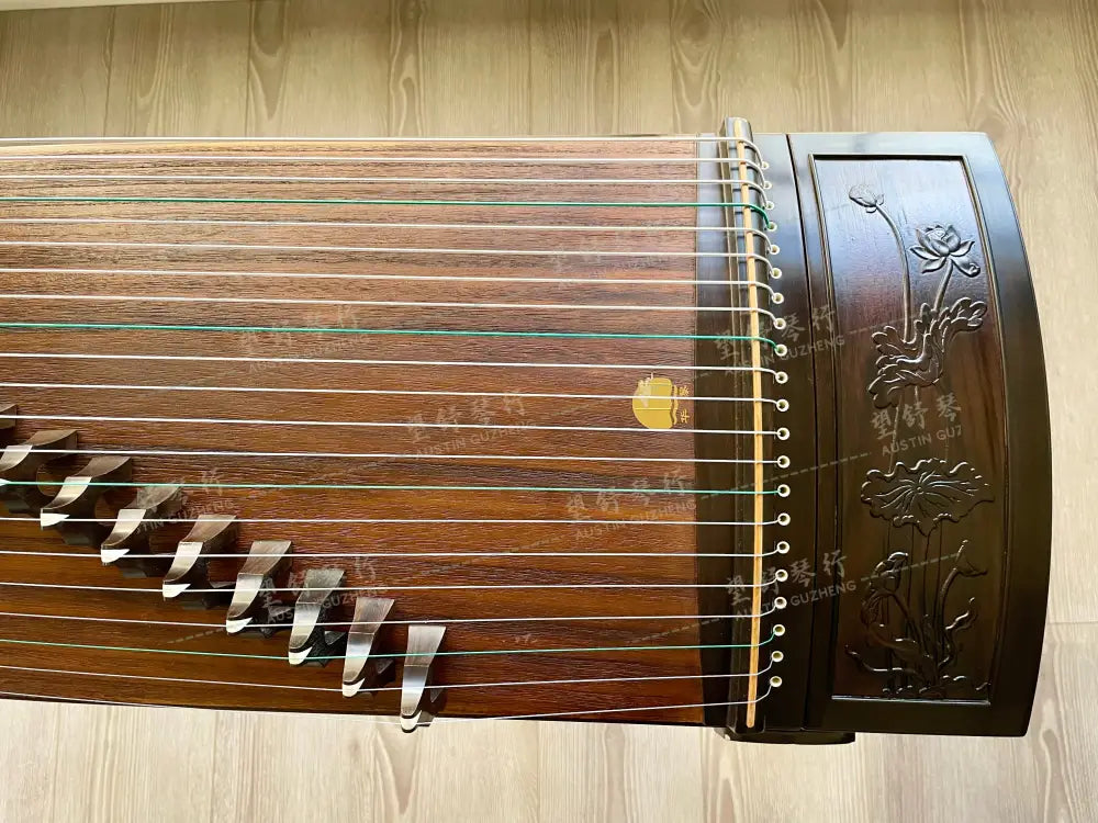 Huali Guzheng 上海华黎古筝 Ebony Wood 黑檀 with sculpted lotus flowers 木浮雕步步生莲 Ebony 黑檀