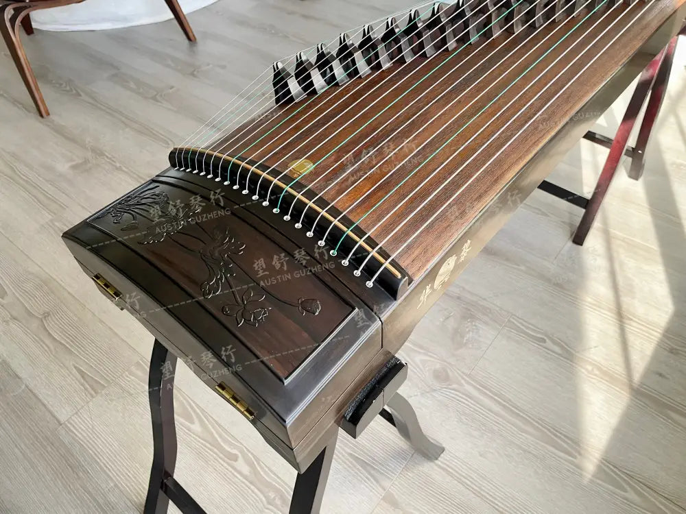 Huali Guzheng 上海华黎古筝 Ebony Wood 黑檀 with sculpted lotus flowers 木浮雕步步生莲 Ebony 黑檀