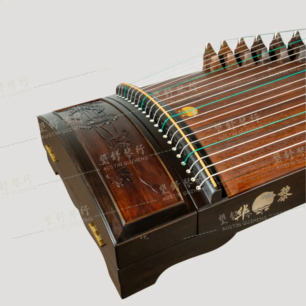 Huali Guzheng 上海华黎古筝 Ebony Wood 黑檀 with sculpted lotus flowers 木浮雕步步生莲 Ebony 黑檀