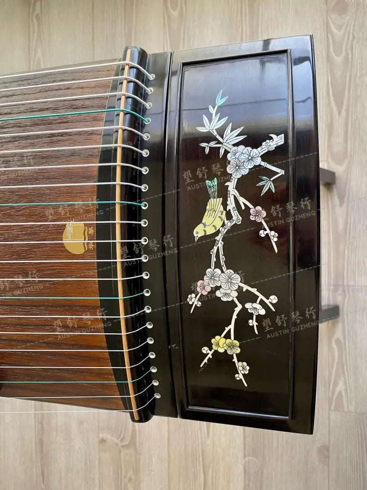 Huali Guzheng 上海华黎古筝 Ebony Wood 黑檀 with shell inlay birds and flowers 贝雕鸟语花香 Ebony 黑檀