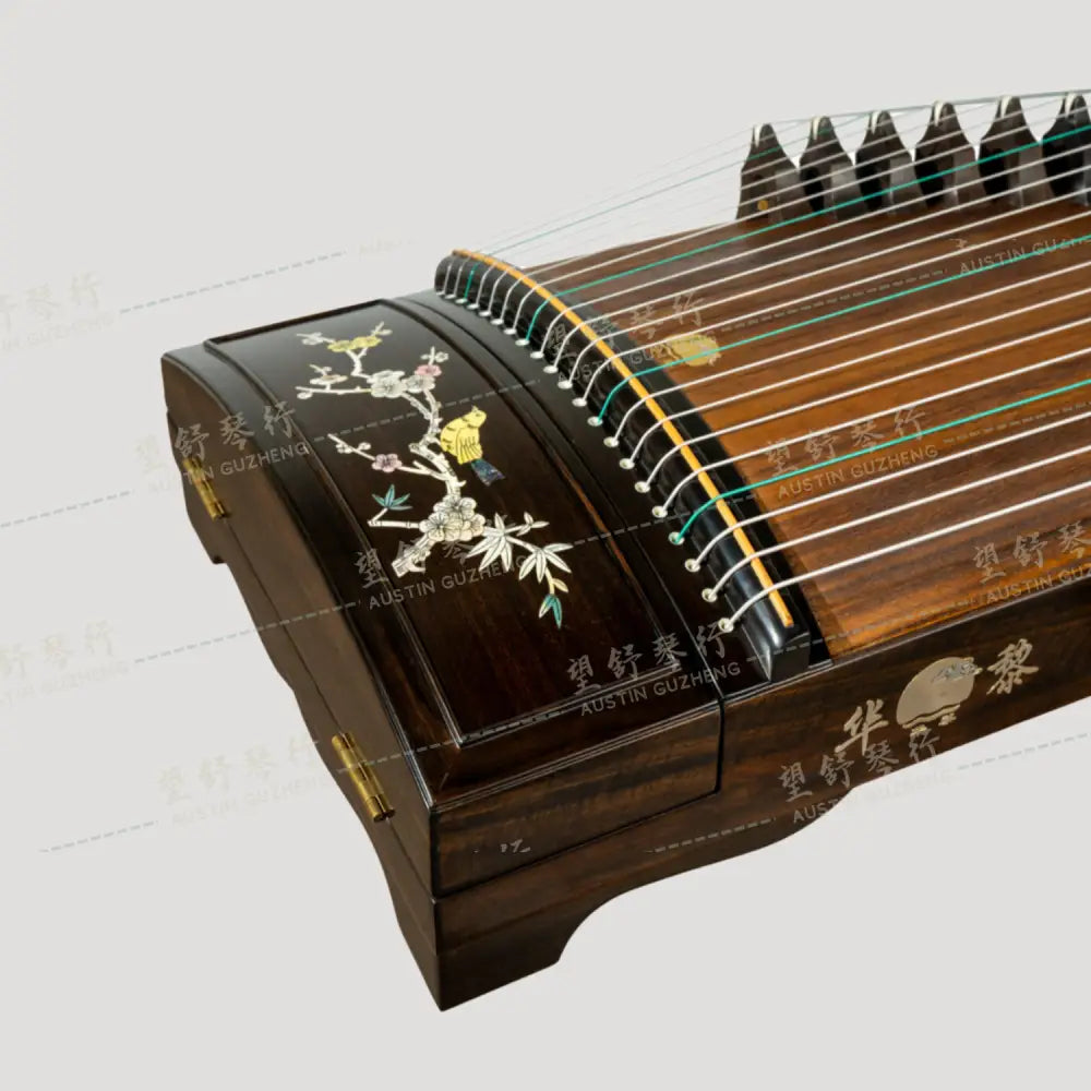 Huali Guzheng 上海华黎古筝 Ebony Wood 黑檀 with shell inlay birds and flowers 贝雕鸟语花香 Ebony 黑檀