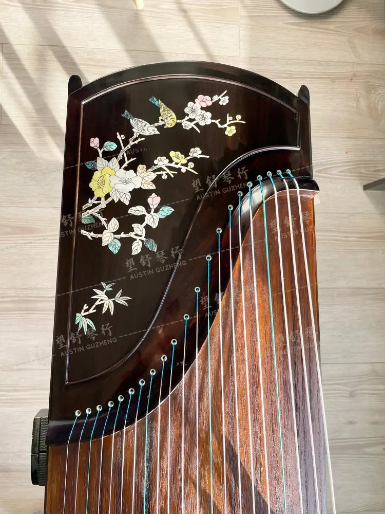 Huali Guzheng 上海华黎古筝 Ebony Wood 黑檀 with shell inlay birds and flowers 贝雕鸟语花香 Ebony 黑檀