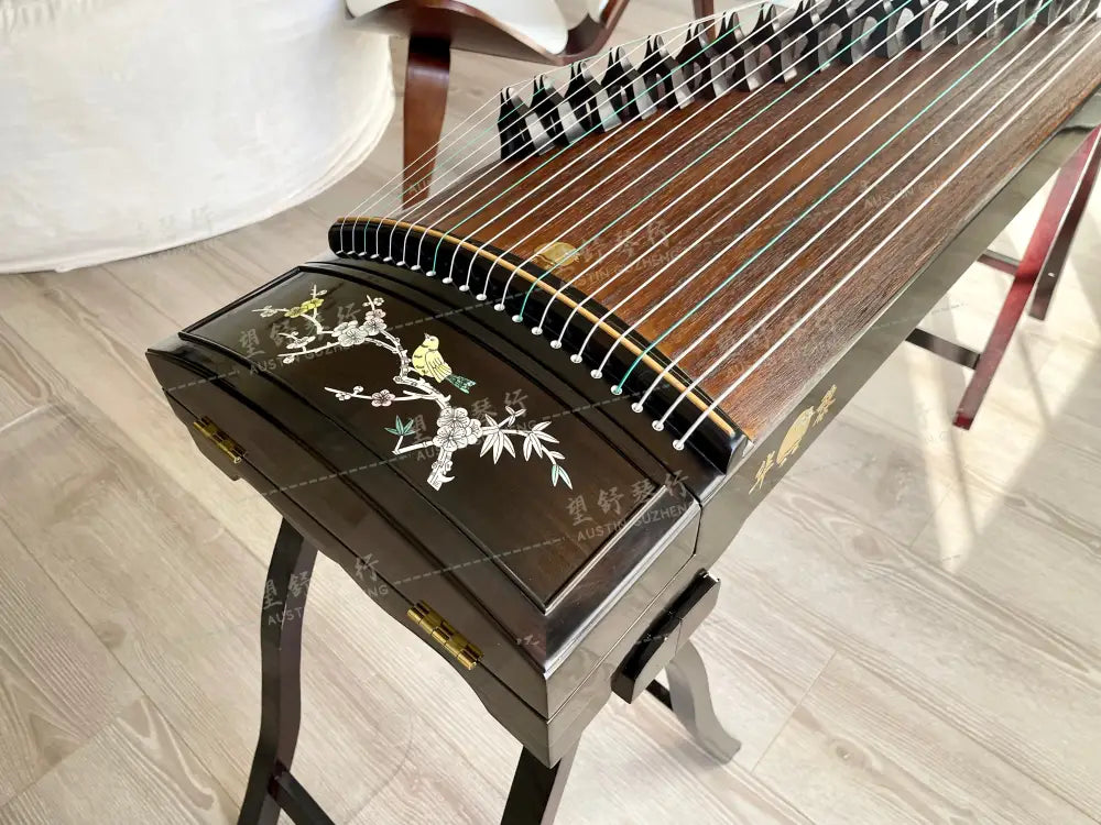 Huali Guzheng 上海华黎古筝 Ebony Wood 黑檀 with shell inlay birds and flowers 贝雕鸟语花香 Ebony 黑檀