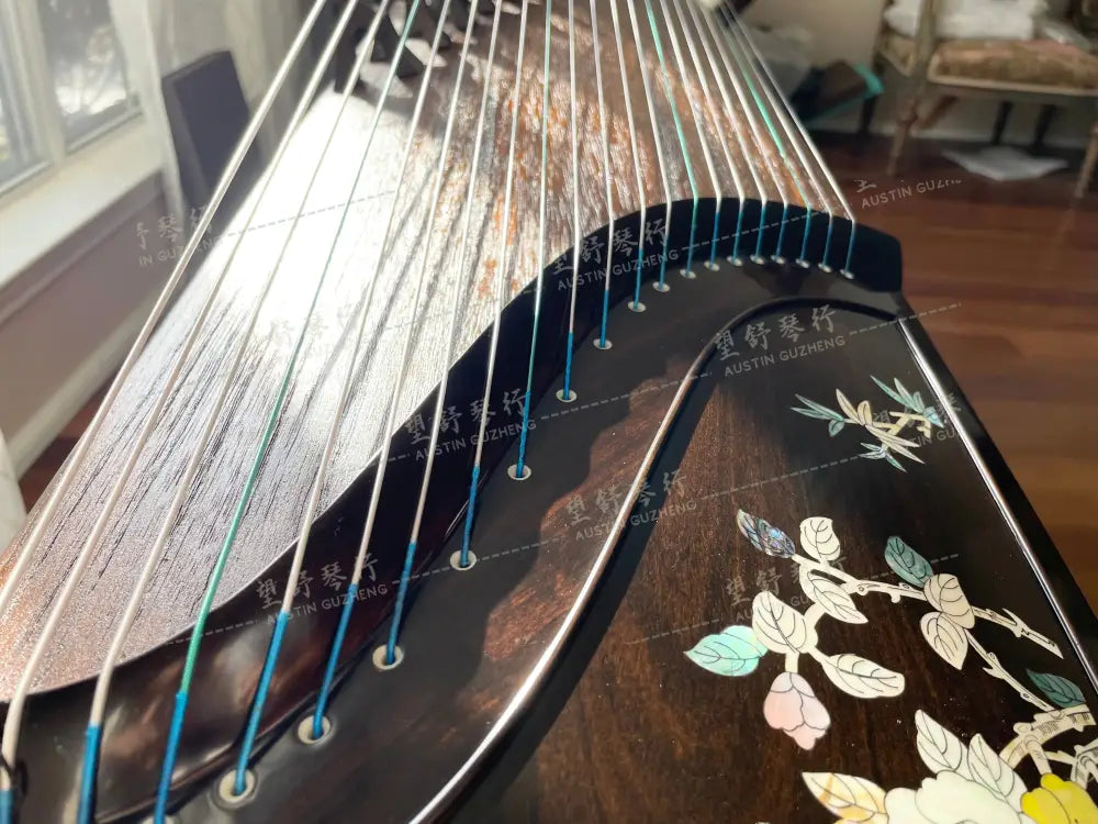 Huali Guzheng 上海华黎古筝 Ebony Wood 黑檀 with shell inlay birds and flowers 贝雕鸟语花香 Ebony 黑檀