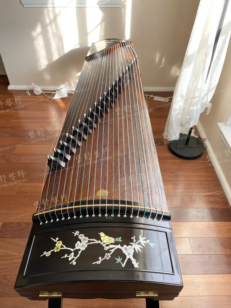 Huali Guzheng 上海华黎古筝 Ebony Wood 黑檀 with shell inlay birds and flowers 贝雕鸟语花香 Ebony 黑檀