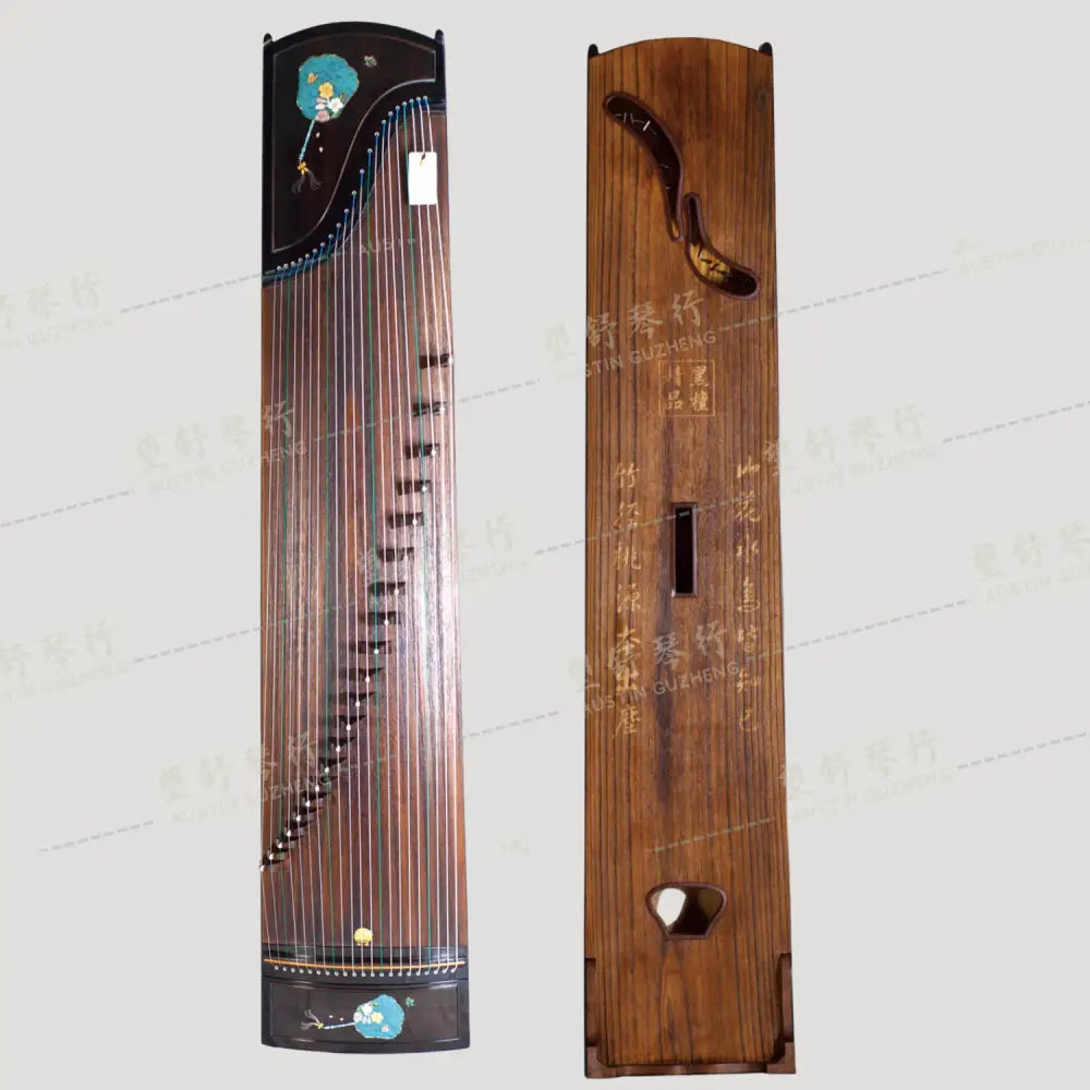 Huali Guzheng 上海华黎古筝 Ebony Wood 黑檀 with shell inlay fan and butterfly贝雕扑蝶 Ebony 黑檀
