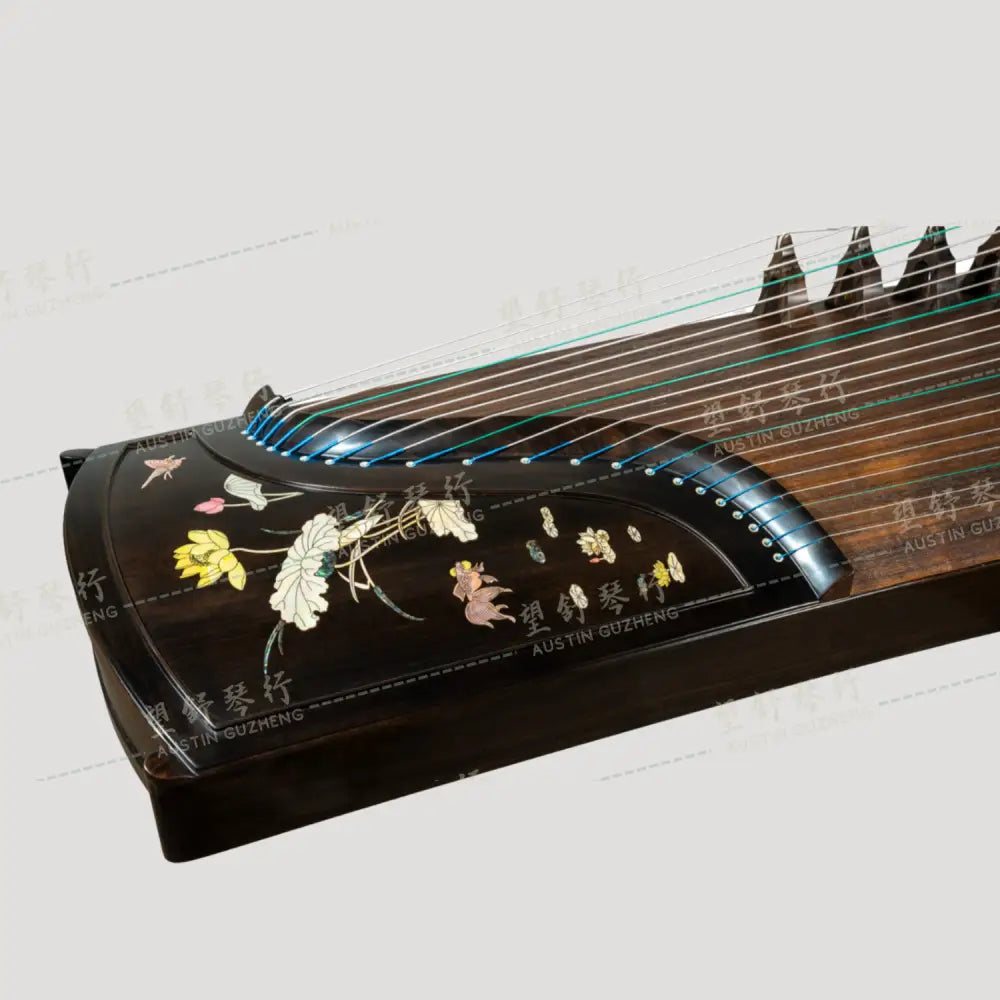 Huali Guzheng 上海华黎古筝 Ebony Wood 黑檀 with shell inlay Lotus Leaf and Flowers 贝雕荷塘月色 Ebony 黑檀