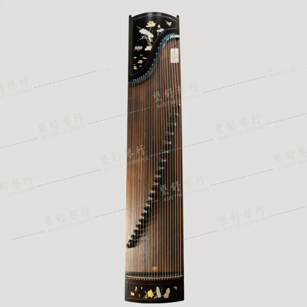 Huali Guzheng 上海华黎古筝 Ebony Wood 黑檀 with shell inlay Lotus Leaf and Flowers 贝雕荷塘月色 Ebony 黑檀