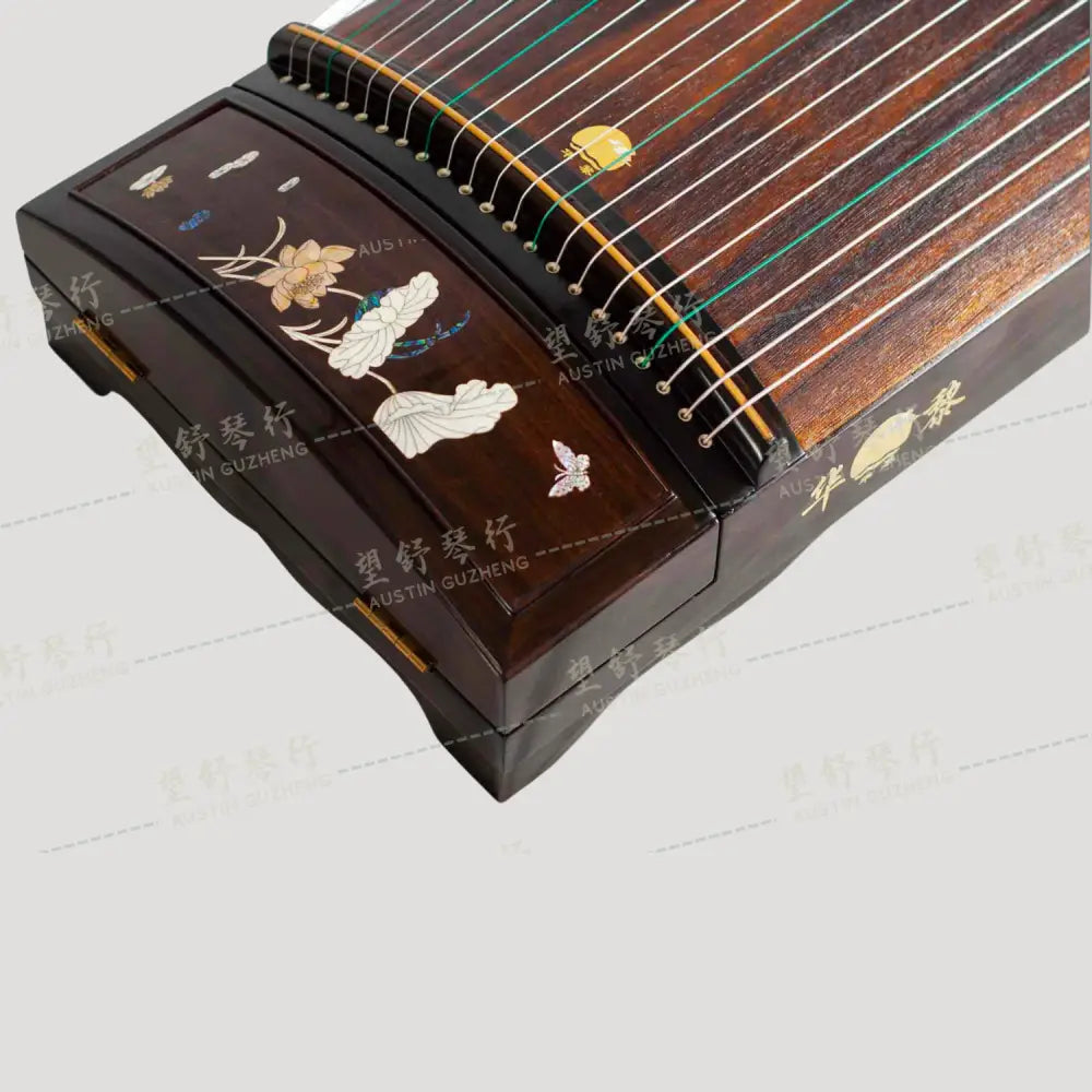 Huali Guzheng 上海华黎古筝 Ebony Wood 黑檀 with shell inlay Lotus Leaf and Flowers 贝雕荷塘月色 Ebony 黑檀