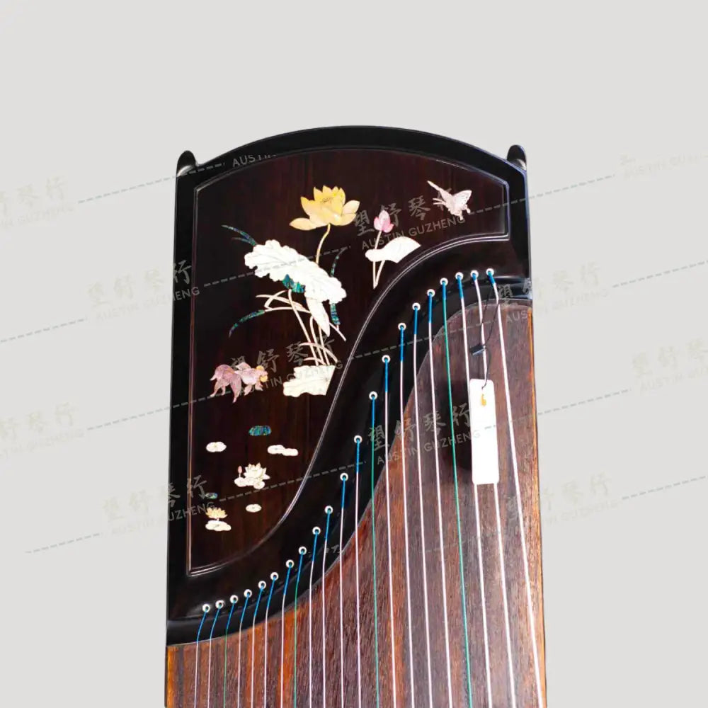 Huali Guzheng 上海华黎古筝 Ebony Wood 黑檀 with shell inlay Lotus Leaf and Flowers 贝雕荷塘月色 Ebony 黑檀