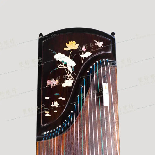 Huali Guzheng 上海华黎古筝 Ebony Wood 黑檀 with shell inlay Lotus Leaf and Flowers 贝雕荷塘月色 Ebony 黑檀