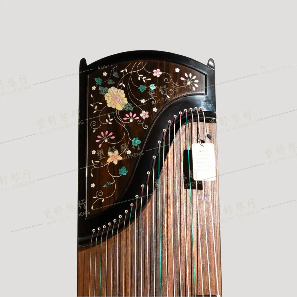 Huali Guzheng 上海华黎古筝 Ebony Wood 黑檀 with Silver Thread and Shell Inlay Flowers 银丝彩贝繁花似锦 Ebony 黑檀