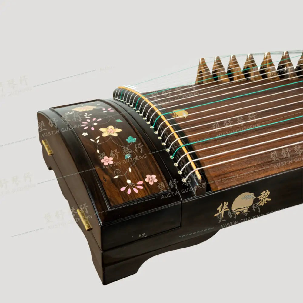Huali Guzheng 上海华黎古筝 Ebony Wood 黑檀 with Silver Thread and Shell Inlay Flowers 银丝彩贝繁花似锦 Ebony 黑檀