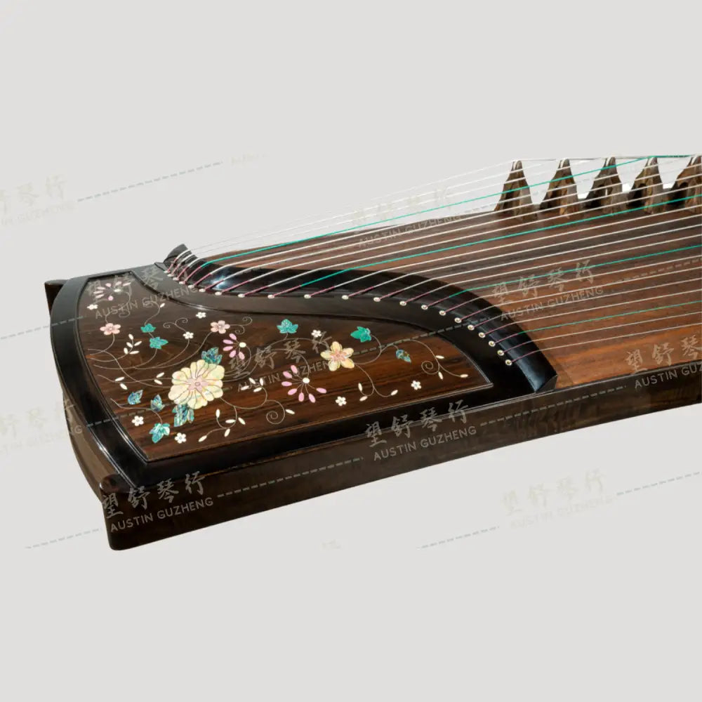 Huali Guzheng 上海华黎古筝 Ebony Wood 黑檀 with Silver Thread and Shell Inlay Flowers 银丝彩贝繁花似锦 Ebony 黑檀