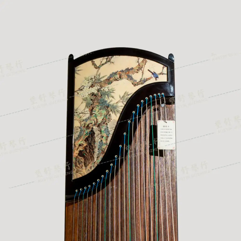 Huali Guzheng 上海华黎古筝 Madagascar Rosewood with Chinese Painting Print 玫瑰紫檀漆画梅竹雀语 Madagascar Rosewood 玫瑰紫檀