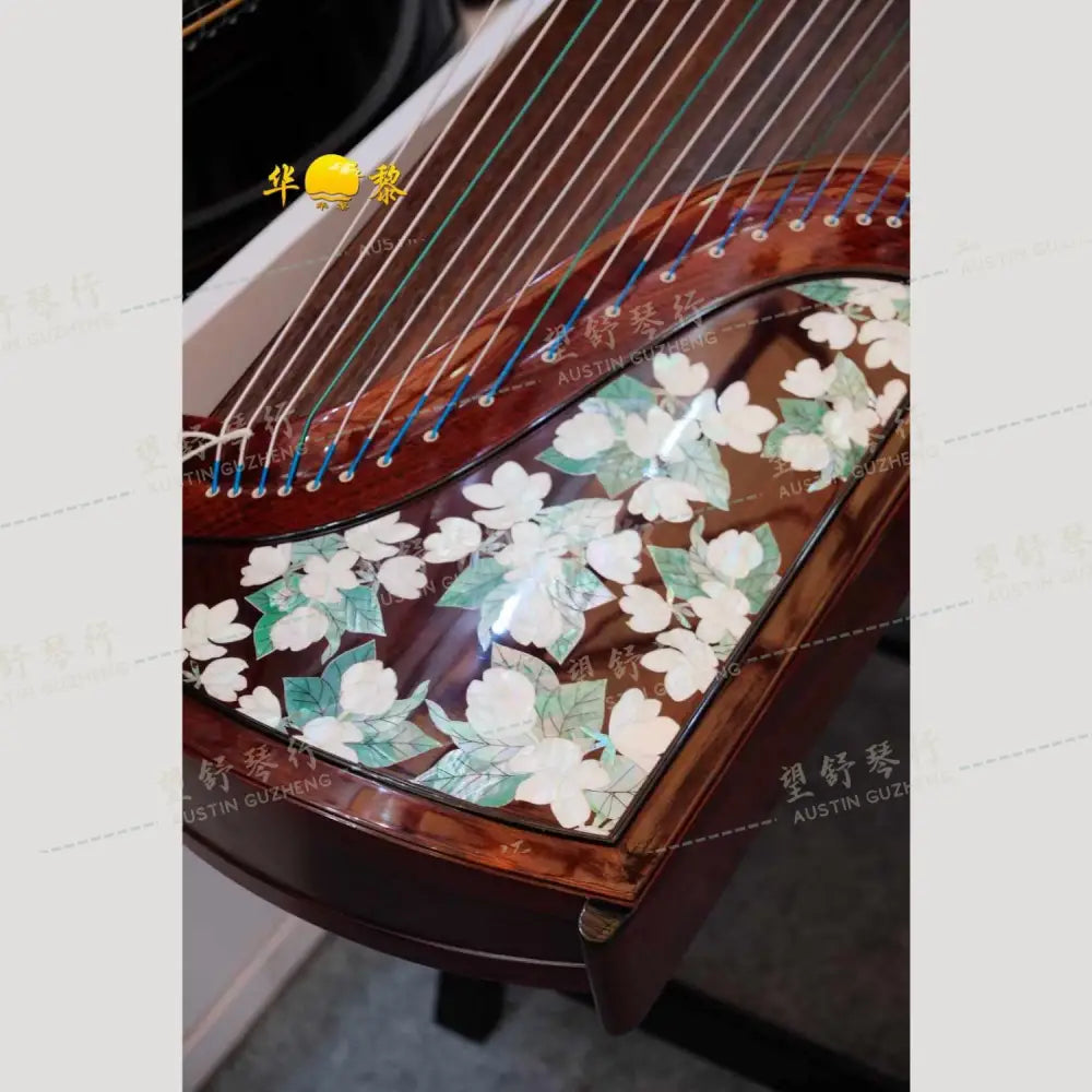 Huali Guzheng 上海华黎古筝 Zambia Rosewood with Pearl Inlay Flowers 血檀贝雕茉莉芬芳 Zambia Rosewood 血檀