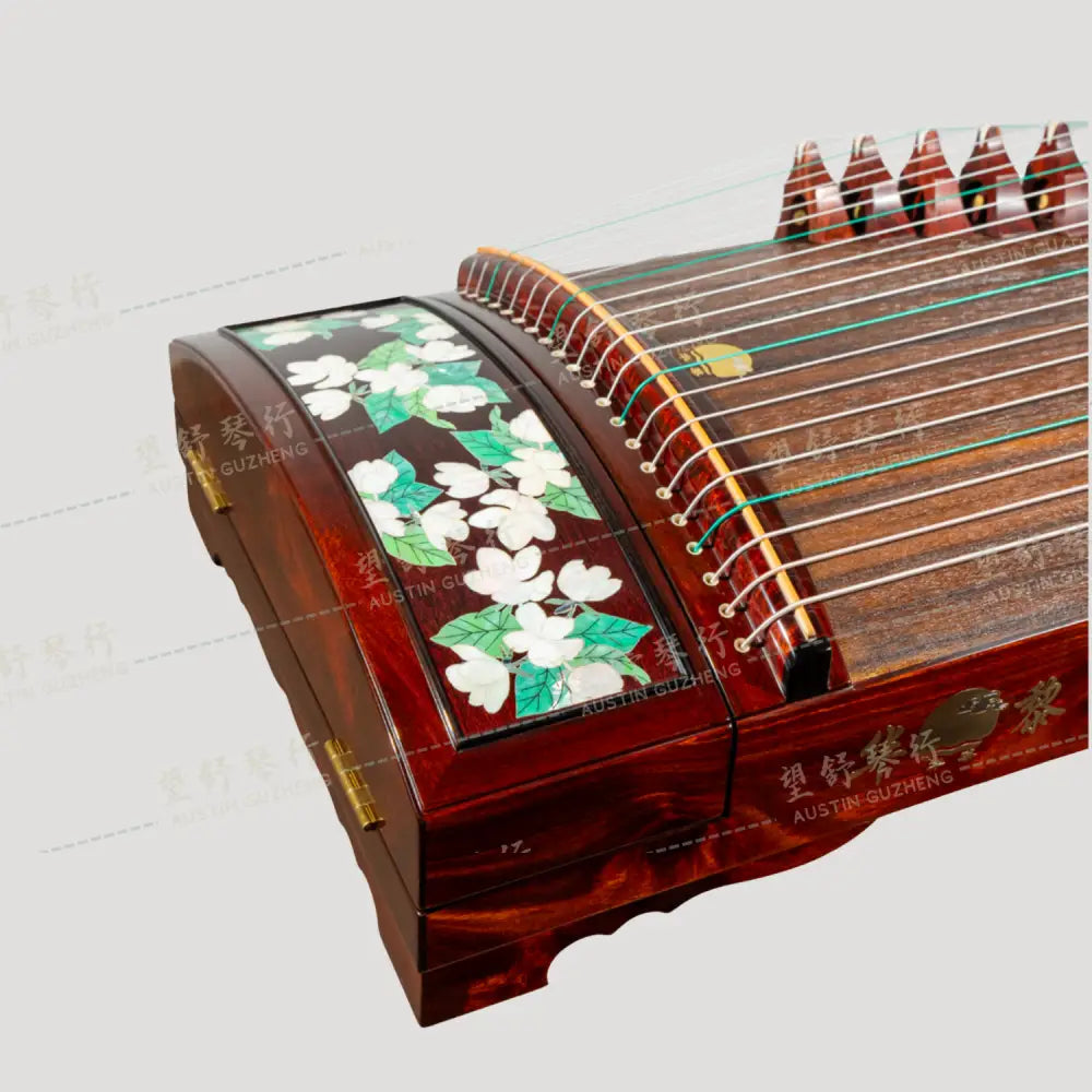 Huali Guzheng 上海华黎古筝 Zambia Rosewood with Pearl Inlay Flowers 血檀贝雕茉莉芬芳 Zambia Rosewood 血檀